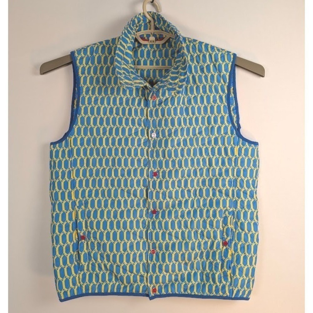 Kiton Quilted Vest Mens Size 42 / IT 52 Slim Fit Blue Yellow Geometric Italy